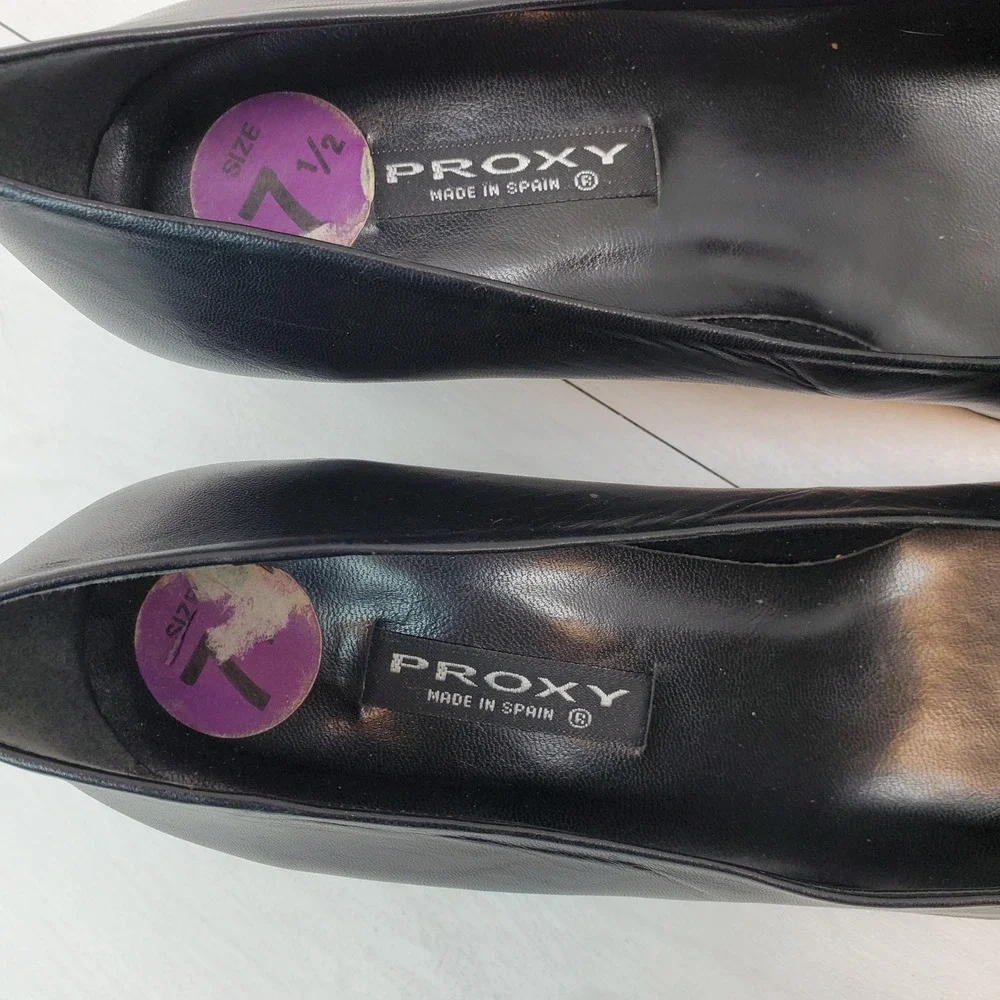 PROXY Black Leather Square Toe Block Heel Pumps Women Size 7.5 Made in Spain